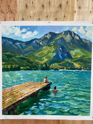 Swimmers by a Jetty on a Mountain Lake Wall Art
