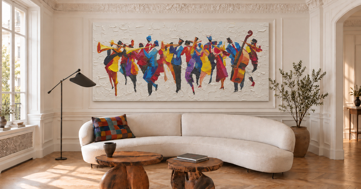 OILDECO hand-painted wall art in a calm living room