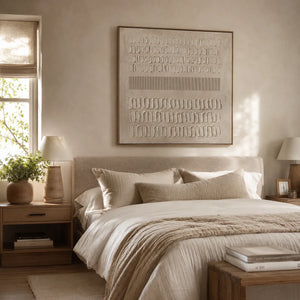 Quiet Marks Textured Wall Art shown in a calm bedroom setting | Oildeco