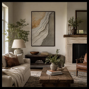 Stone Drift Textured Wall Art shown in a calm bedroom setting | Oildeco