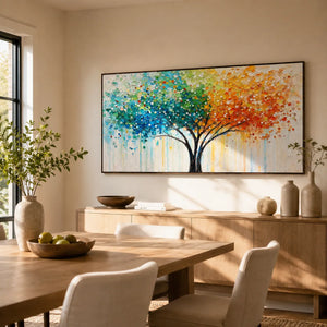 Rainbow Canopy Tree Wall Art displayed in a bright dining room | Oildeco