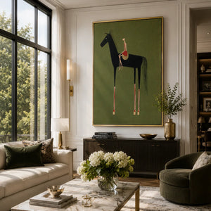 Folk Rider Horse Wall Art displayed above a sofa in a neutral interior | Oildeco