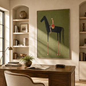 Folk Rider Horse Wall Art shown in a quiet home office | Oildeco
