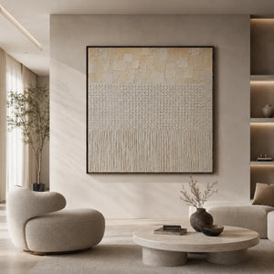 Ivory Grid Textured Wall Art styled in a modern living room | Oildeco