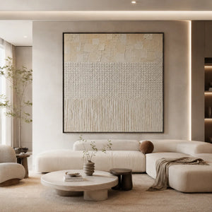 Ivory Grid Textured Wall Art displayed above a sofa in a neutral interior | Oildeco