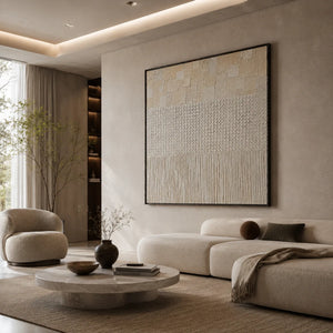 Ivory Grid Textured Wall Art styled in a modern living room | Oildeco