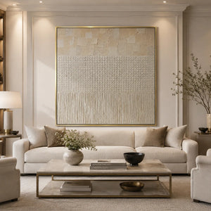 Ivory Grid Textured Wall Art styled in a contemporary entryway | Oildeco