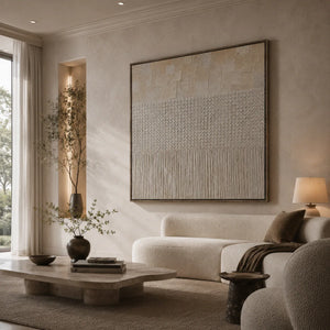 Ivory Grid Textured Wall Art displayed in a bright dining room | Oildeco