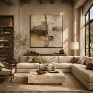 Rust Horizon Abstract Wall Art styled in a modern living room | Oildeco
