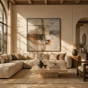 Rust Horizon Abstract Wall Art displayed above a sofa in a neutral interior | Oildeco