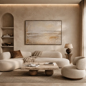 Misty Horizon Abstract Wall Art styled in a modern living room | Oildeco
