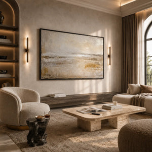 Misty Horizon Abstract Wall Art displayed above a sofa in a neutral interior | Oildeco
