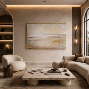 Misty Horizon Abstract Wall Art shown in a calm bedroom setting | Oildeco