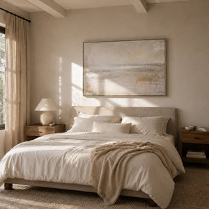Misty Horizon Abstract Wall Art styled in a contemporary entryway | Oildeco