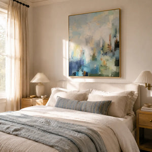 Blue Mistfall Abstract Wall Art room scene 2 | Oildeco