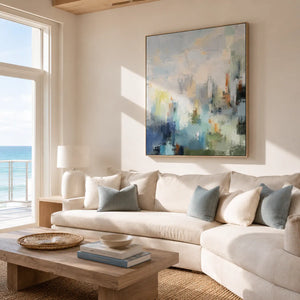 Blue Mistfall Abstract Wall Art room scene 3 | Oildeco