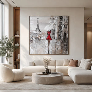 Red Dress Paris Wall Art styled in a modern living room | Oildeco