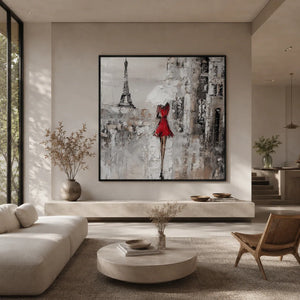 Red Dress Paris Wall Art displayed above a sofa in a neutral interior | Oildeco