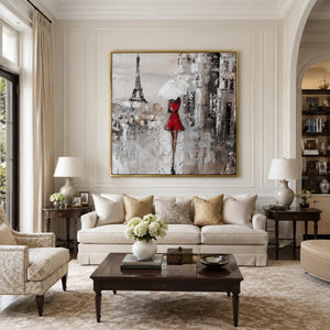 Red Dress Paris Wall Art shown in a calm bedroom setting | Oildeco
