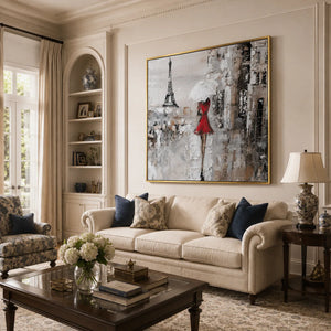 Red Dress Paris Wall Art displayed in a bright dining room | Oildeco