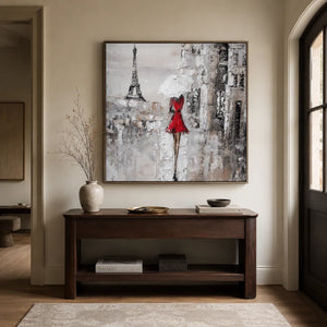 Red Dress Paris Wall Art styled with minimal interior decor | Oildeco