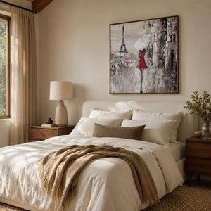 Red Dress Paris Wall Art shown in a calm bedroom setting | Oildeco