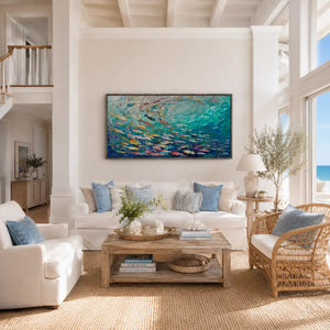 Azure Shoal Ocean Wall Art styled in a modern living room | Oildeco