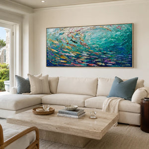 Azure Shoal Ocean Wall Art displayed above a sofa in a neutral interior | Oildeco
