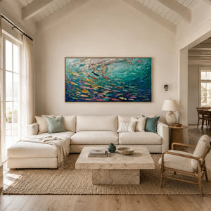 Azure Shoal Ocean Wall Art shown in a calm bedroom setting | Oildeco