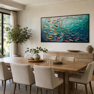 Azure Shoal Ocean Wall Art displayed in a bright dining room | Oildeco