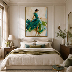 Emerald Dancer Figure Wall Art styled above an elegant bedroom | OILDECO