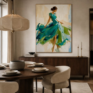 Emerald Dancer Figure Wall Art styled in a contemporary dining room | OILDECO