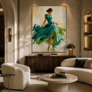 Emerald Dancer Figure Wall Art displayed in a warm modern living room | OILDECO