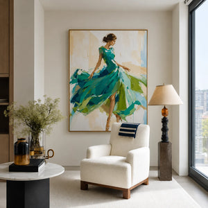 Emerald Dancer Figure Wall Art displayed in a bright reading corner | OILDECO