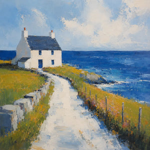 Blue Cottage Coastal Wall Art room scene 1 | Oildeco