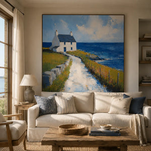 Blue Cottage Coastal Wall Art room scene 2 | Oildeco
