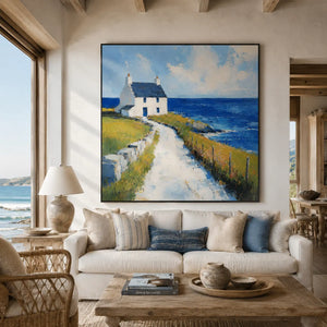Blue Cottage Coastal Wall Art room scene 3 | Oildeco