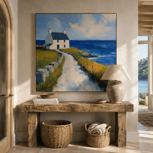Blue Cottage Coastal Wall Art room scene 5 | Oildeco