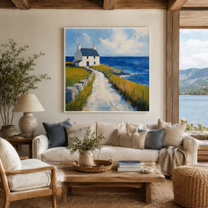 Blue Cottage Coastal Wall Art room scene 6 | Oildeco