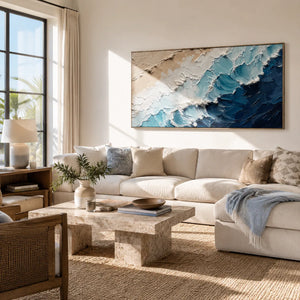 Coastal Wave Ocean Wall Art displayed above a sofa in a neutral interior | Oildeco