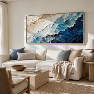 Coastal Wave Ocean Wall Art shown in a calm bedroom setting | Oildeco