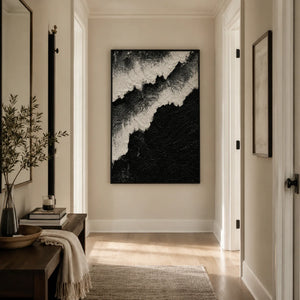 Monochrome Ridge Abstract Wall Art displayed in a warm hallway | OILDECO