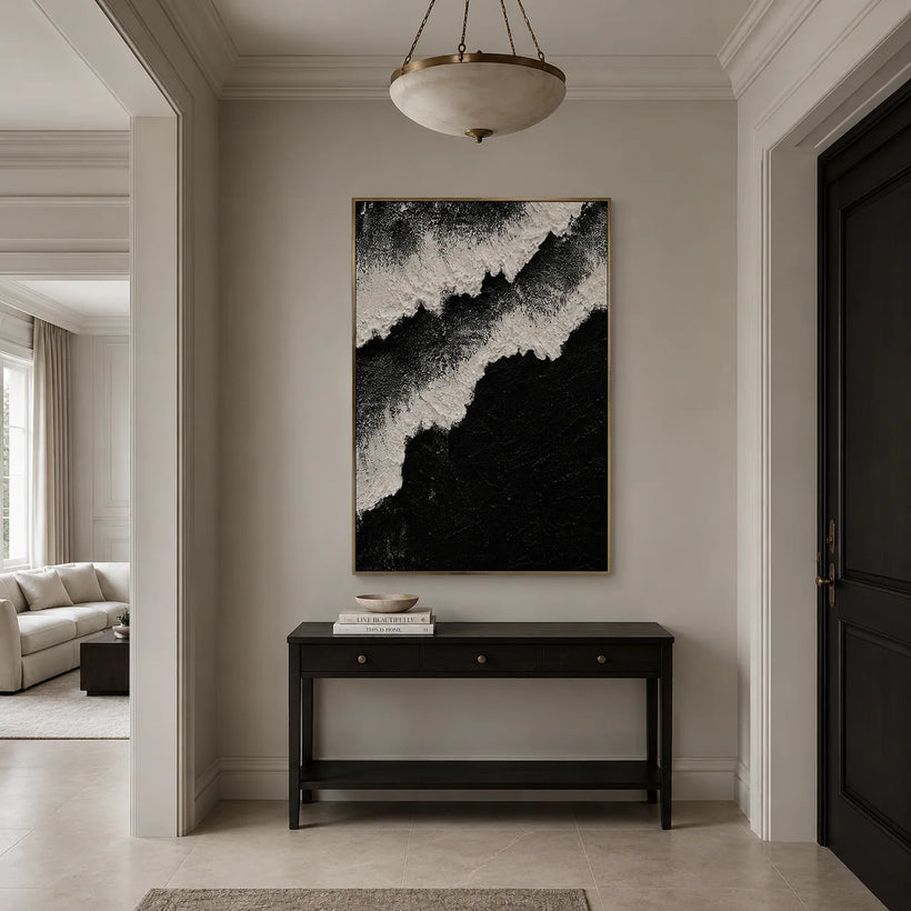 Monochrome Ridge Abstract Wall Art styled in a contemporary entryway | Oildeco