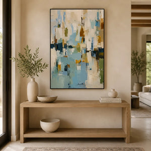 Blue Ochre Abstract Wall Art room scene 3 | Oildeco