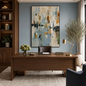 Blue Ochre Abstract Wall Art room scene 5 | Oildeco