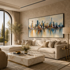 Watercolor Skyline Cityscape Wall Art room scene 2 | Oildeco