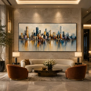 Watercolor Skyline Cityscape Wall Art room scene 5 | Oildeco