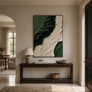 Emerald Flow Textured Wall Art displayed in a bright dining room | Oildeco