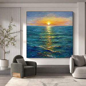 Sunlit Tide Seascape Wall Art displayed in a modern living room | OILDECO