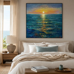 Sunlit Tide Seascape Wall Art styled above a calm bedroom | OILDECO